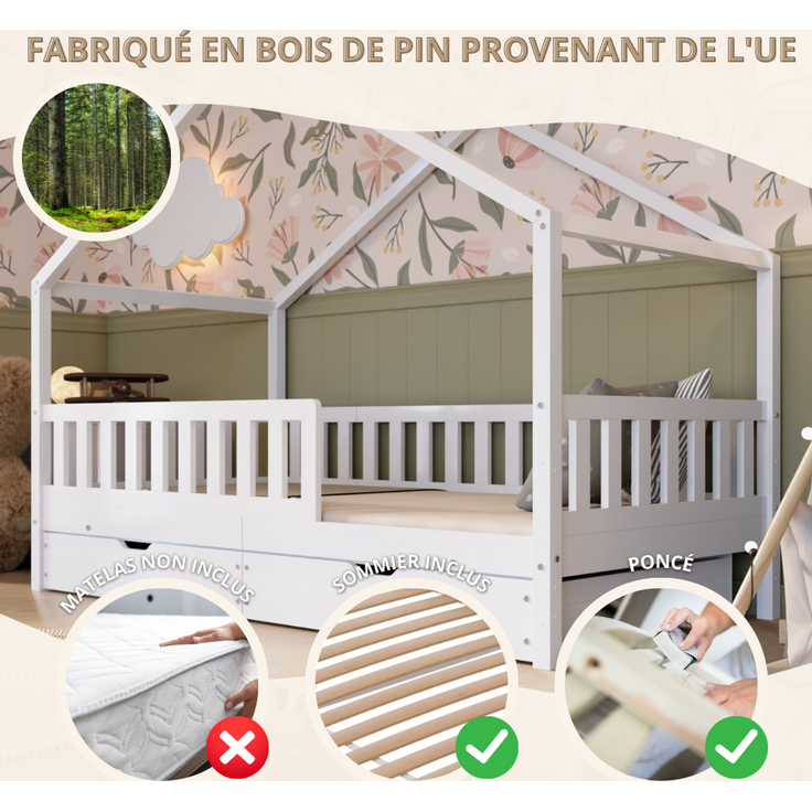 Crazy Pine 'Crazy House' Hausbett mit abnehmbaren Rausfallschutz, Naturholz, Weiß, 140x200 cm, mit Schubladen – Bild 4