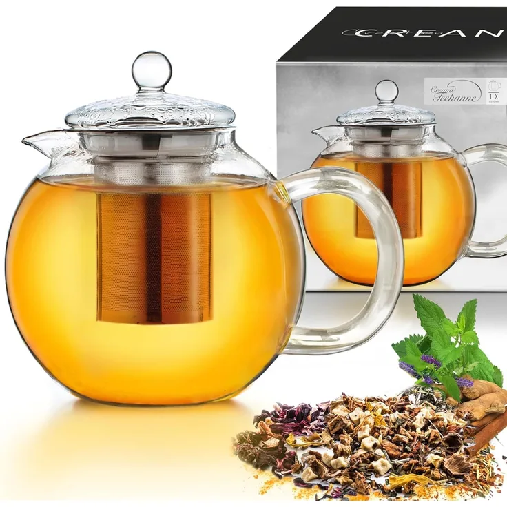 Creano Teekanne Creano Teekanne aus Glas 1,3l, 3-Teilige Glasteekanne mit Integriertem, (1er-Set, 2-St), tropffrei