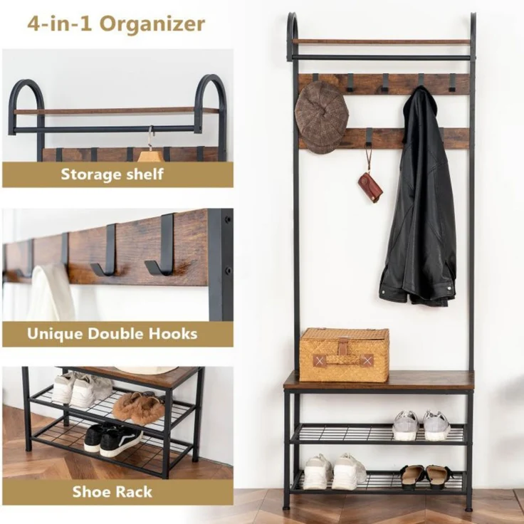 Hoobro GARDEROBENSTÄNDER BRAUN Schuhaufbewahrung (H 182 x T 70 x B 12.6 cm) – Bild 3