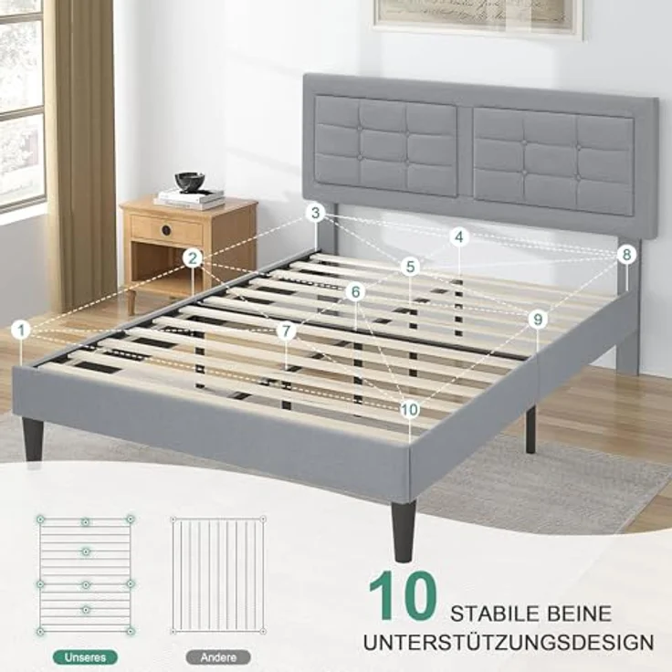 VECELO Polsterbett 140x200 cm, Doppelbett mit Höhenverstellbarem Kopfteil, Bett Bettrahmen mit Lattenrost, Gepolstertes Bettgestell Jugendbett für Schlafzimmer Gästezimmer, Hellgrau – Bild 8