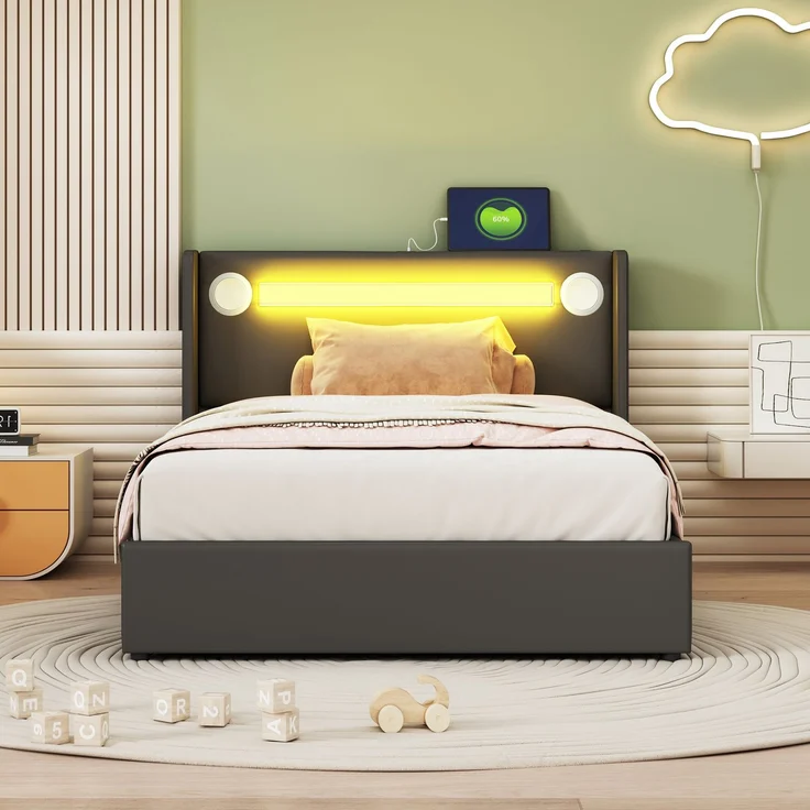 Polsterbett Kinderbett 90x200 Bett mit LED-Lichtleiste, Bluetooth-Player und USB-Aufladung, PU-Leder-Aufbewahrungsbett, Hochbettkasten, Jugendbett mit Lattenrost – Bild 2