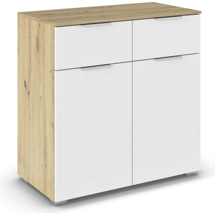 Rauch Möbel Alabama, Kommode für Schlafzimmer, Kinderzimmer, Garderobe, Flur, 2-türig, mit 2 Schubladen, Soft-Close-Funktion, Farbe Weiß/Eiche Artisan, Holz, Griff Alufarben, Maße 80 x 81 x 42 cm