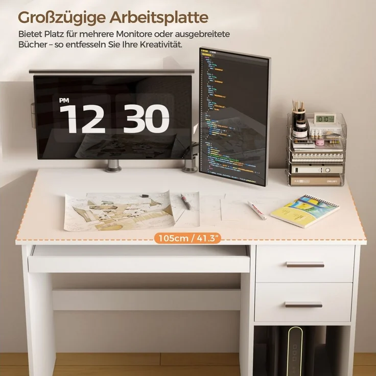 Mondeer Schreibtisch Computertisch, mit 2 Schubladen & Tastaturauszug, 105x48x76 cm, Weiß – Bild 2