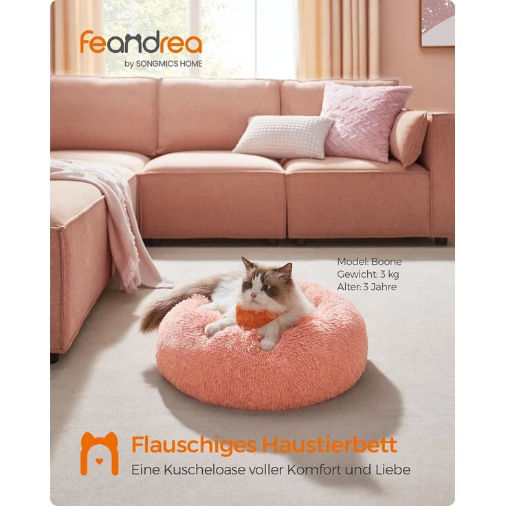 Feandrea Hundebett flauschig, Katzenbett, Donut Kissen, waschbar, Polsterung in der Mitte herausnehmbar, Langer Plüsch, 50 cm Durchmesser, rosa PGW037R01 – Bild 3