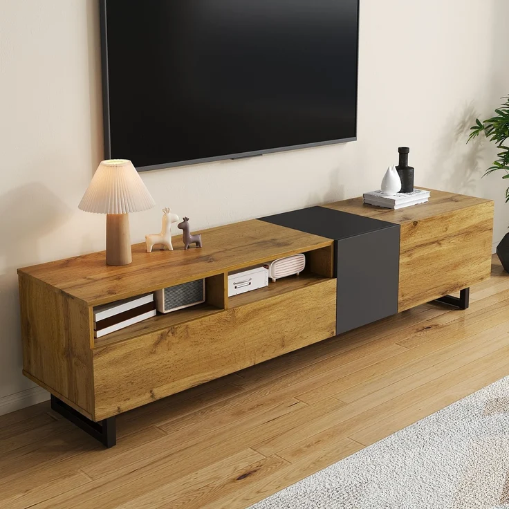 Merax 170cm TV-Schrank, einfaches Kontrastfarbdesign, drei Türen und zwei Fächer, U-förmige Metallbeine, Retro-Holzmaserung – Bild 2