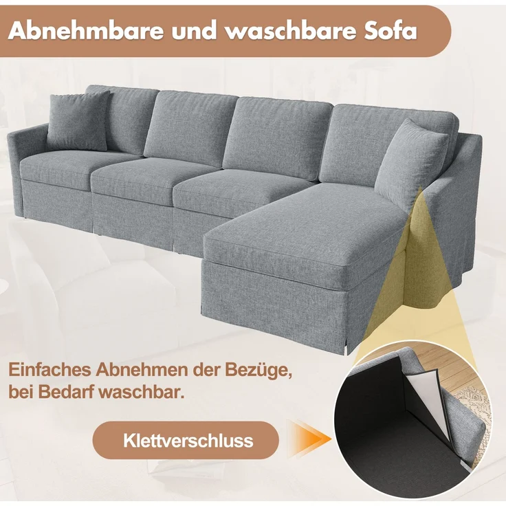 DESVIAE Sofa L-Form Grau aus Leinenoptik – 274x83x128,5 cm – Stauraum-Chaiselongue – Bild 6