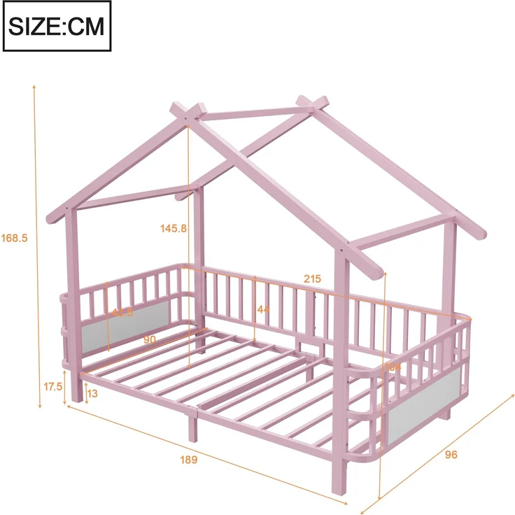 EINHOM Kinderbett aus Metall in Hausform, 90 x 200 cm, mit Sicherheitsgitter, Dachdesign und Dekorativem Rahmen, für Jungen und Mädchen, Metall, Rosa, (Ohne Matratze) – Bild 2