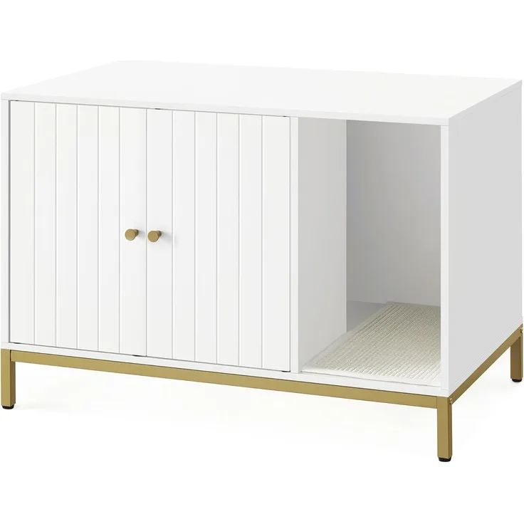 Feandrea Katzenklo-Schrank, Katzenhaus, Katzentoilette, mit Kratzmatte, hohe Beine, für Katzen, Beistelltisch, 80 x 50 x 55 cm, weiß-goldfarben PCL007W01