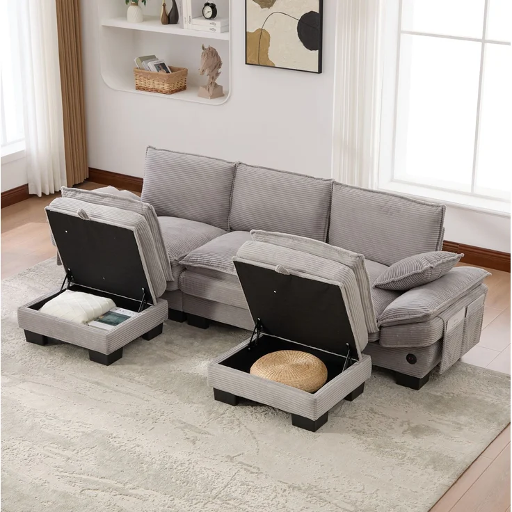 DESVIAE Sofa 3-Sitzer mit 2 Hockern, USB-C-Anschluss, Cord 260x84x132 cm Hellgrau – Bild 3
