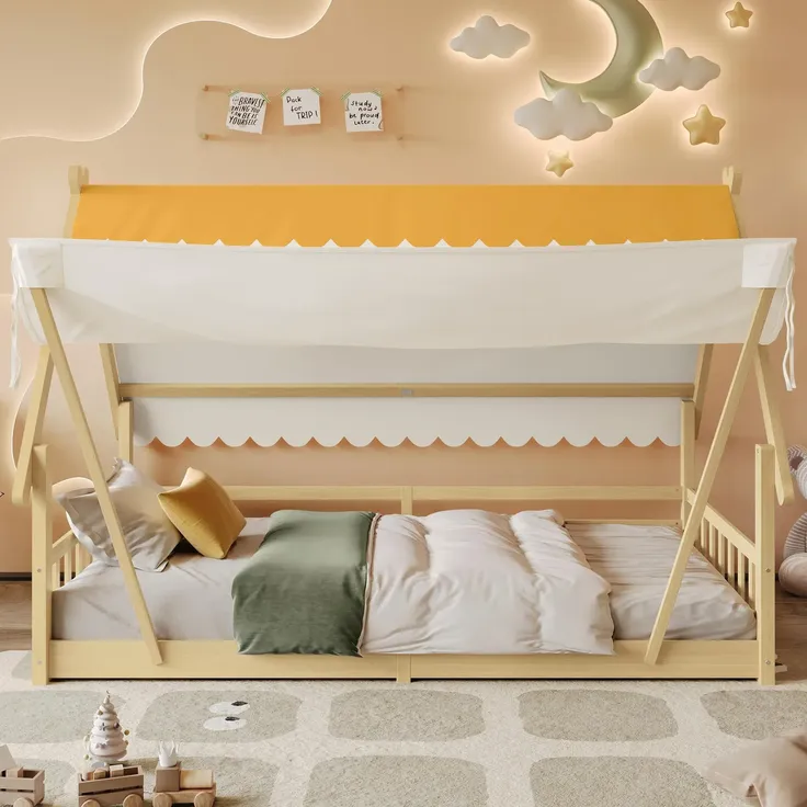 Hausbett mit Lattenrost und Zelt, 90x200 cm, Kinderbett mit Zaun, Holzbett, Einzelbett, Kiefer – Bild 3