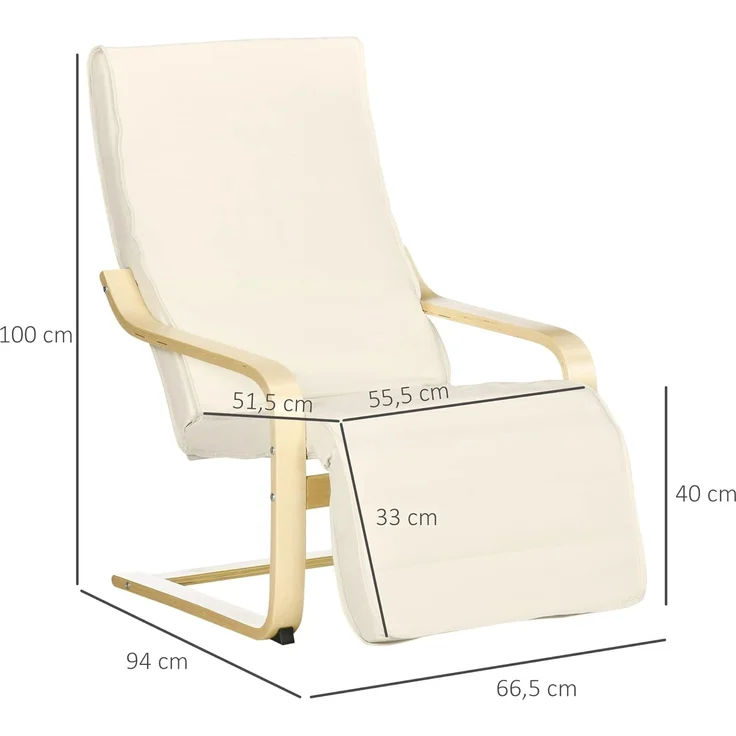 HOMCOM Relaxsessel mit Verstellbarem Fußteil, mit Leinenoptik (Esszimmerstuhl, 1-St, Schwingstuhl), für Wohnzimmer, Birkenholz, Cremeweiß 66,5 x 94 x 100cm – Bild 3