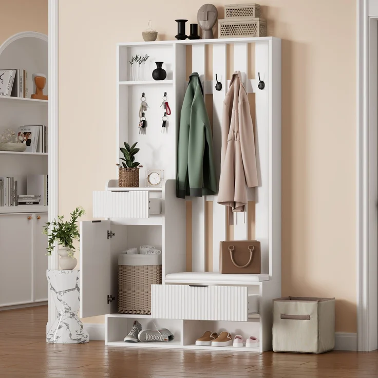 100*30*180cm Garderobenständer 6-in-1, mit 8 Haken, Schuhbank und Ablagen, Kippschutz,Kompaktgarderoben Mit Schubladen und Schränken,100cm breit,Schuhschrank, weiß--Weiß--100x30x180cm--YOUDENOVA – Bild 1