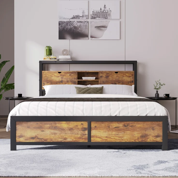 Metallbett mit Stauraum-Kopfteil & Metallgestell, 145x216x100 cm, Natural, ohne Matratze – Bild 7