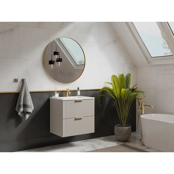 Vente-unique - ZEVARA Waschbeckenmöbel Holz, Platte Beige - B 46 cm x H 57 cm x L 60 cm