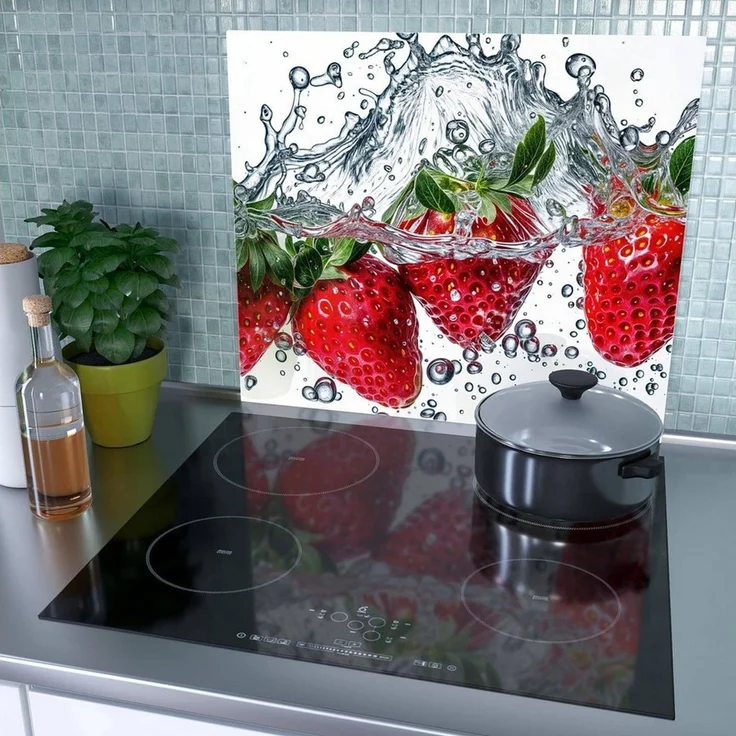 Primedeco Herd-Abdeckplatte Herdabdeckplatte Spritzschutz aus Glas Erdbeeren im Wasser, Glas, (1 tlg) – Bild 3