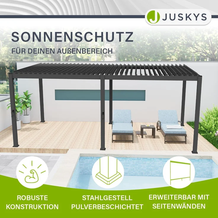 Juskys Lamellendach Tahiti 3x5,9 m - Stahl Pergola - Terrassenüberdachung stabil & wetterfest - Überdachung für Garten & Terrasse - Bausatz Anthrazit – Bild 2