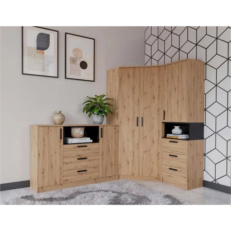 Marmex Möbel Grant Set-45A Kleiderschrank-Set mit Eckschrank, 1-türigem Kleiderschrank und Regal mit Schubladen, laminierte Spanplatte, artisan, 143/143x195x40 cm – Bild 7