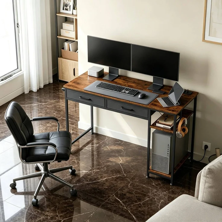 Schreibtisch mit Stoffschubladen & Ladestation, 120x51x75 cm, Rustik Braun – Bild 3