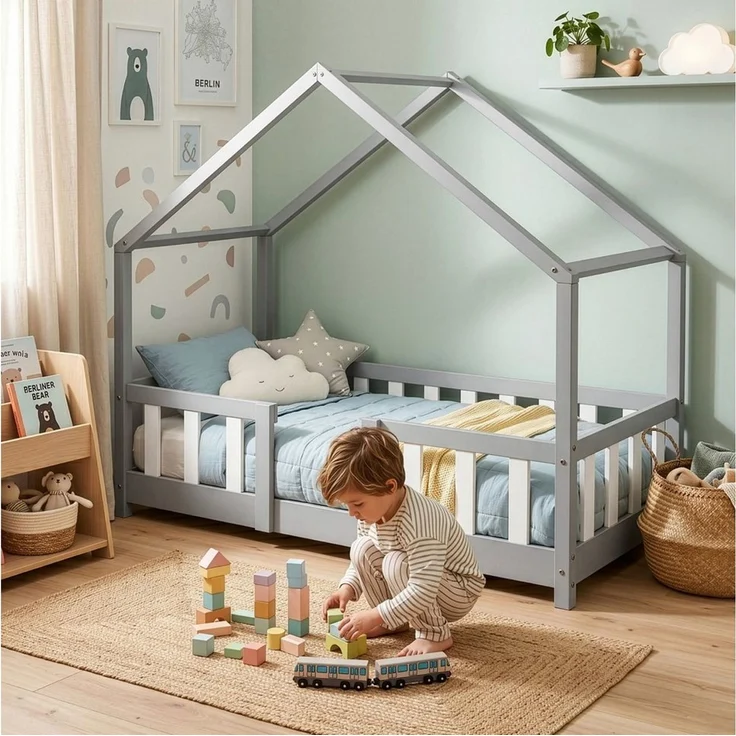 en. casa Kinderbett, »Treviolo« Haus-Optik Montessori 70x140 cm Hellgrau / Weiß – Bild 4