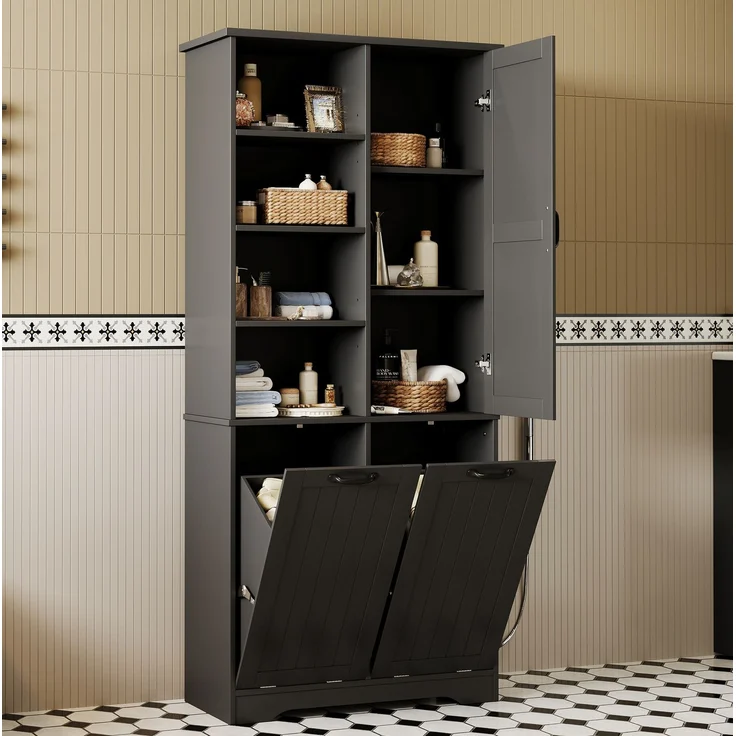 Badezimmerschrank 78 x 35 x 172,7 cm mit 2 Wäschekörben und verstellbarem Einlegeboden – Schwarz – Bild 3