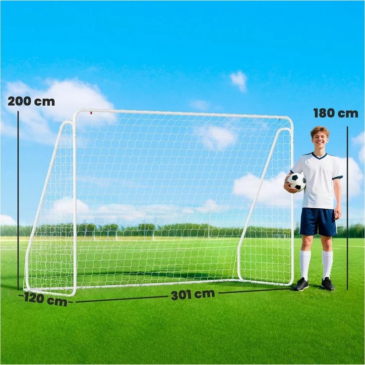 HOMCOM Fußballtor mit Netz, Erdhaken (Outdoor Torwand, 1 St, Fußball Tor für Garten), 301L x 120B x 200H cm, Weiß – Bild 2
