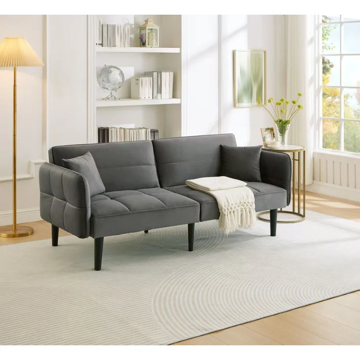 Schlafsofa Samt 2-in-1 verstellbar, mit klappbaren Armlehnen,Sofabett mit Massivholzfüßen & 2 Kissen,Grau – Bild 1