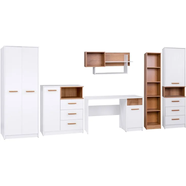 Marmex Möbel Grant Set-O Jugendzimmer Komplett-Set 6-teilig mit Kleiderschrank, Kommode, Schreibtisch, geschlossenes Regal, Wandregal, offenes Regal, Kinderzimmermöbel mit Schreibtisch, laminierte Spanplatte, Kleiderstange, weiß+riviera Eiche, 485x195x...