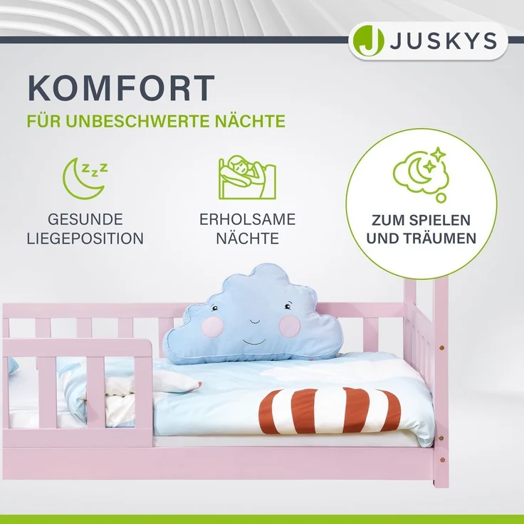 Juskys 'Marli' Kinderbett, mit Matratze, Rausfallschutz, Lattenrost & Dach - Massivholz Hausbett für Kinder - Bett in Rosa, 80x160 cm – Bild 3