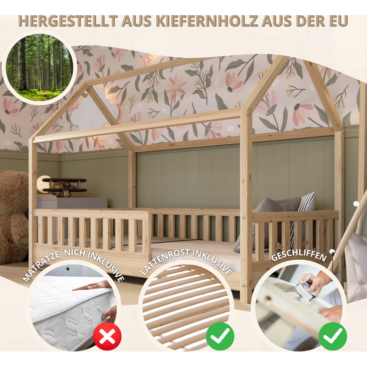 Crazy Pine 'Crazy Blanco' Hausbett mit Rausfallschutz, Skandinavisches Design, Naturholz, Natur, 120x200 cm, mit Höhenverstellbaren Beinen – Bild 4