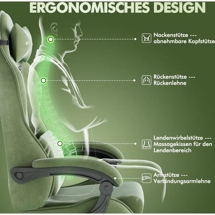 Ferghana Gaming-Stuhl Gaming-Stuhl: Kopfstütze, Lendenkissen, Armlehnen, Fußstütze (Packung), Ergonomischer PC-Stuhl,Rückenlehne 90°-125°