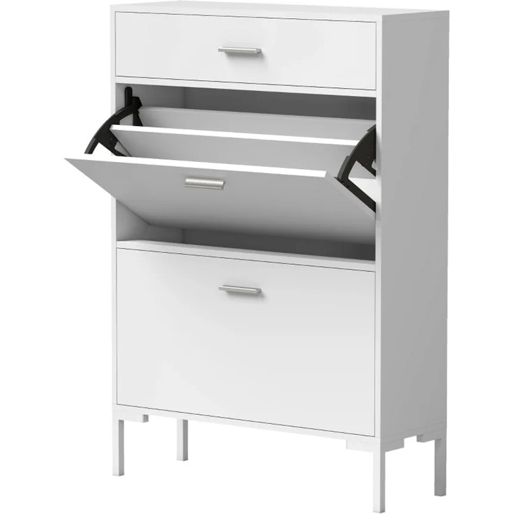 DESVIAE Garderobenschrank Schuhschrank Weiß aus MDF/Metall – 75x110x26 cm – 2 Klappfächer, Schublade – Bild 6