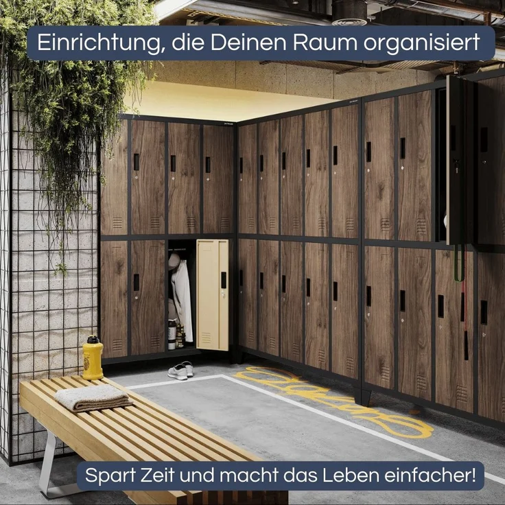 Umkleideschrank Spind BERLIN - 10 Abteile, Etikettenhalter Lüftungsschlitze | Umkleidespind Schließfachschrank Garderobenspind, 172x136x45cm Anthrazit-Nussbaum – Bild 3
