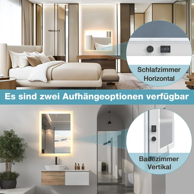 Gimbelen LED Badspiegel 45x60 cm, Badezimmerspiegel mit Beleuchtung & Tastenschalter, 2 Lichtfarben (3000K/6500K), Antibeschlag, explosionssicheres Glas, IP44, Silber – Bild 6