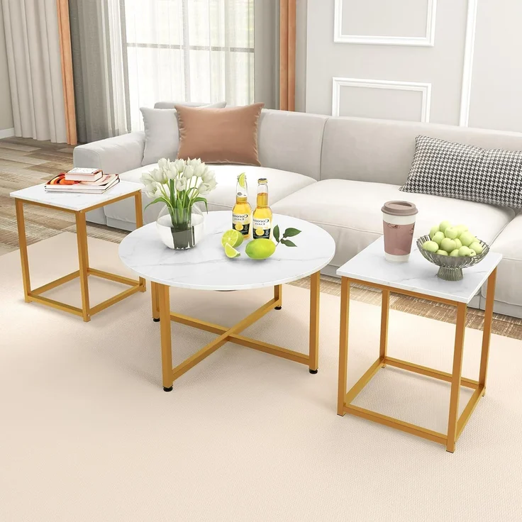 COSTWAY 3er Set Couchtisch, Beistelltisch Metallrahmen, 1 runder Kaffeetisch & 2 quadratische Tische, Sofatisch Wohnzimmertisch Kaffeetisch modern, Satztisch für Wohnzimmer Schlafzimmer (Weiß)
