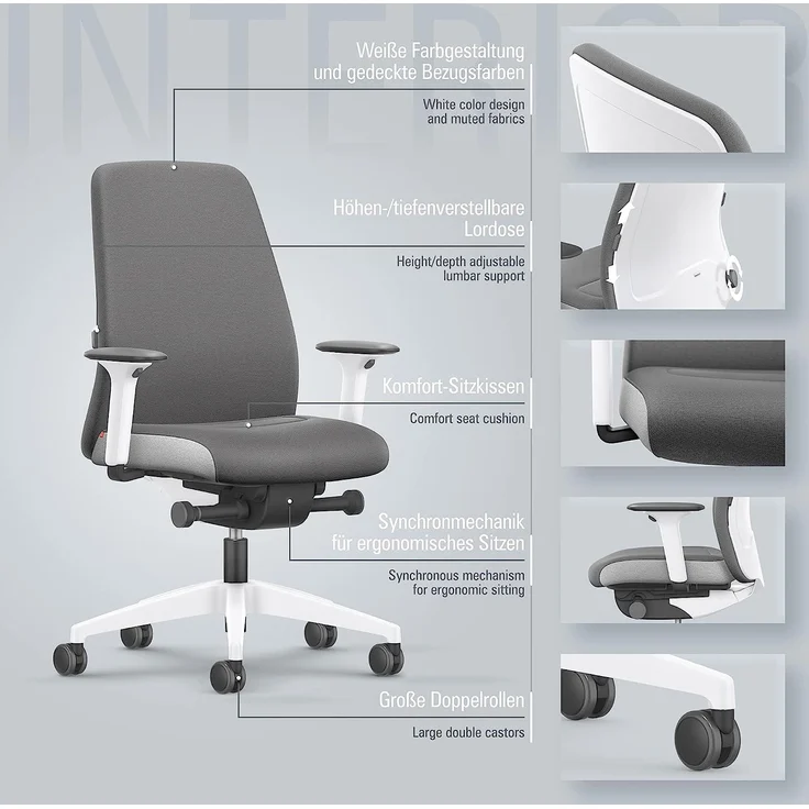 Interstuhl Every Interior Edition – Der Bürostuhl folgt der Bewegung des Körpers nach vorne und hinten – mit Verstellbarer Lordosenstütze (Grau | Weiß) – Bild 4