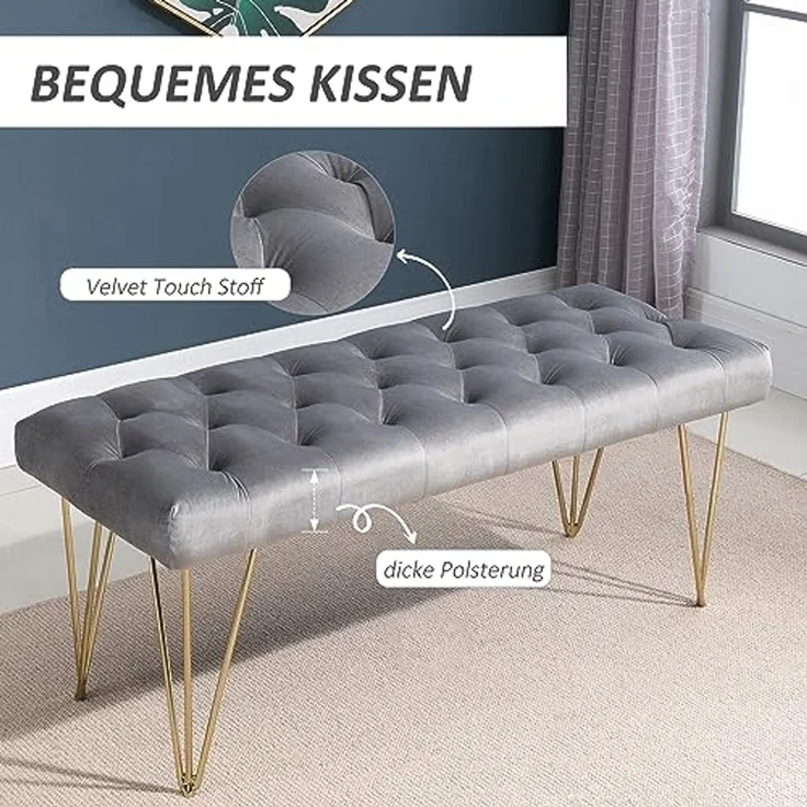 HOMCOM Sitzbank Schuhbank mit Samtoptik (Bettbank, 1-St, Polyesterbank), Grau 116 x 44,5 x 49 cm – Bild 4