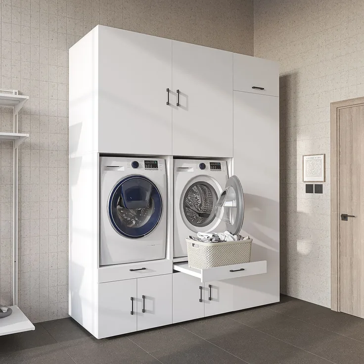 Roomart Waschmaschinenschrank / Überbauschrank - SERIE 3 – 194 cm breit – für Waschküche & Hauswirtschaftsraum – mit Schubladen & Ausziehbrett • Weiß