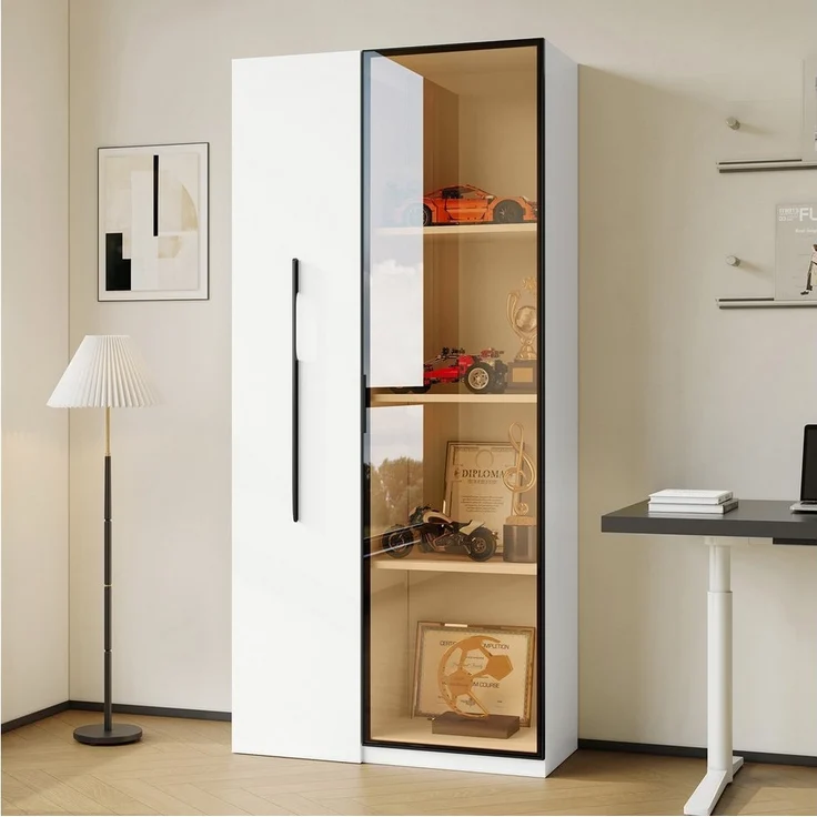Merax Glasvitrine mit LED-Beleuchtung (70x40x160cm, 1-St, Bücherregal LED-Glasvitrine mit Aluminium-Türrahmen) Multifunktionsschrank Vitrine mit Glastür & seitliche Rollschublade – Bild 3