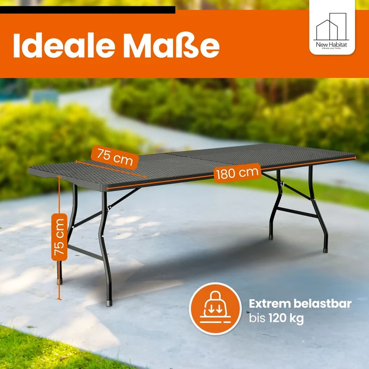 NewHabitat Buffettisch klappbar – Gartentisch klappbar aus Polyrattan I Biertisch wetterfest & faltbar I Stabiler Klapptisch für Garten, Festivals, Camping & Outdoor-Events (Schwarz) 180 x75 x75 cm – Bild 3