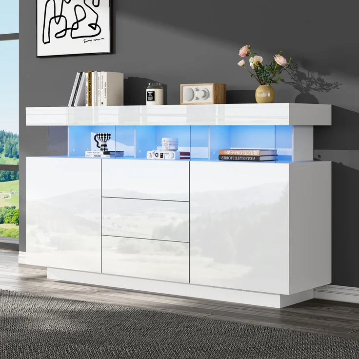 ZUBALIYA Sideboard 140x35x80 cm, mit LED-Beleuchtung, Hochglanz, aus Spanplatte, Weiß – Bild 1