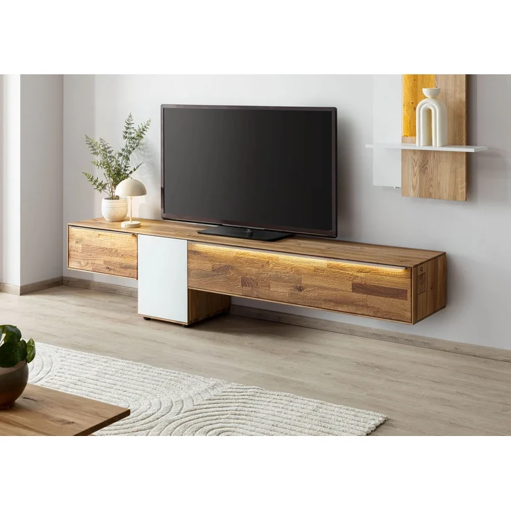 Lowboard Wildeiche 220x43x55 natur geölt / Glas weiß WIEN #107 – Bild 3