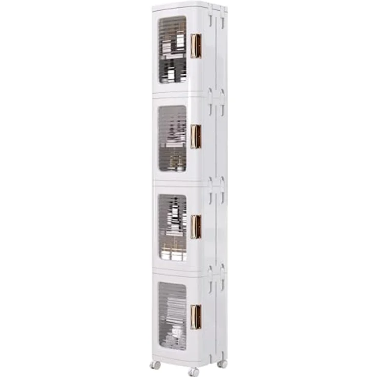 VECELO Schmaler Badezimmerschrank 24 cm, Kunststoff Aufbewahrungsschrank mit transparenter Tür, Rollen und verstellbaren Einlegeböden, platzsparender Organizer für Bad, Küche, 24 x 28 x 166 cm – Bild 3
