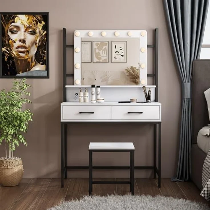 Vichy Schminktisch Luvia, 90 cm, Weiss/Schwarz mit LED-Beleuchtung und Hocker (40 x 40 x 146 cm) – Bild 1