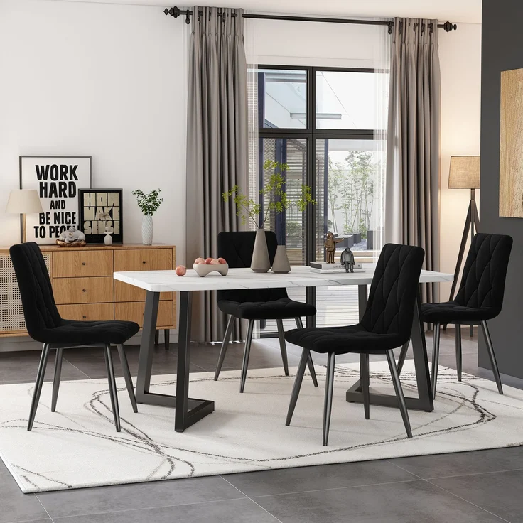 Essgruppe 5-teilig mit Esstisch 117×68 cm in Marmoroptik und 4 schwarzen Samtstühlen, moderner Küchentisch-Stuhl Set – Bild 1
