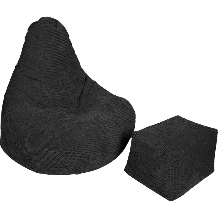 Loft 25 Sitzsack mit Hoher Rückenlehne für Erwachsene | Cordstoff, Innenfutter | Ergonomisches Design für Körperunterstützung (Schwarz, Sitzsack+Hocker)