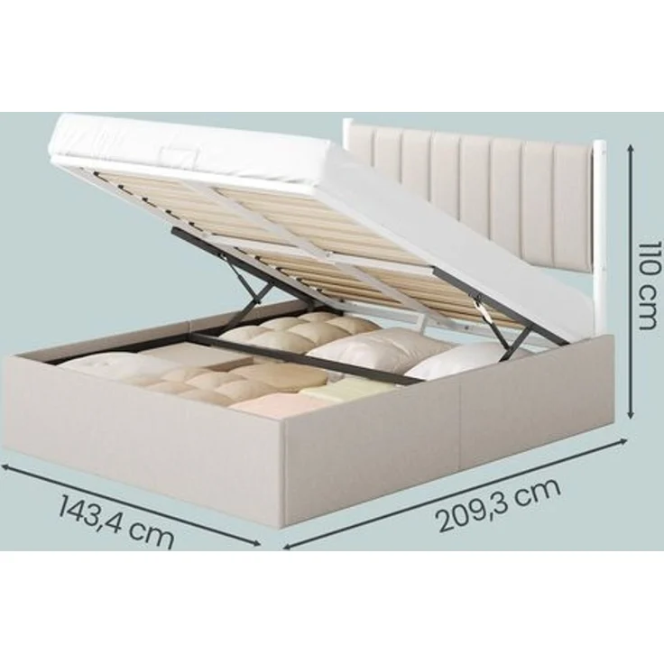 VASAGLE Bettgestell, 140 x 200 cm, hochklappbar Lattenrost, Stauraum unter dem Bett, mit Kopfteil, beige – Bild 5