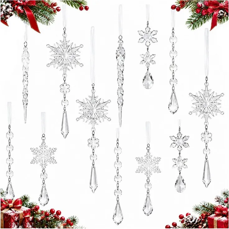 Bomiclss Christbaumschmuck Acryl Schneeflocken Eiszapfen Tropfen Hängedekoration (18-tlg), Ornamente für Weihnachtsbaum Winterfest und Party Deko