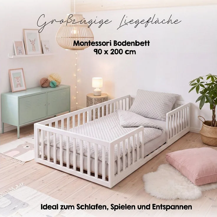 roba® Kinderbett - Bodenbett aus stabilem Holz - Montessori - Kinder & Kleinkinder (Liegefläche: 70x140 cm, 90x200 cm, 120x200 cm, 140x200 cm, Spielbett - Inklusive Lattenrost & Rausfallschutz), Bodennahes Schlafkonzept für Kleinkinder – Bild 2