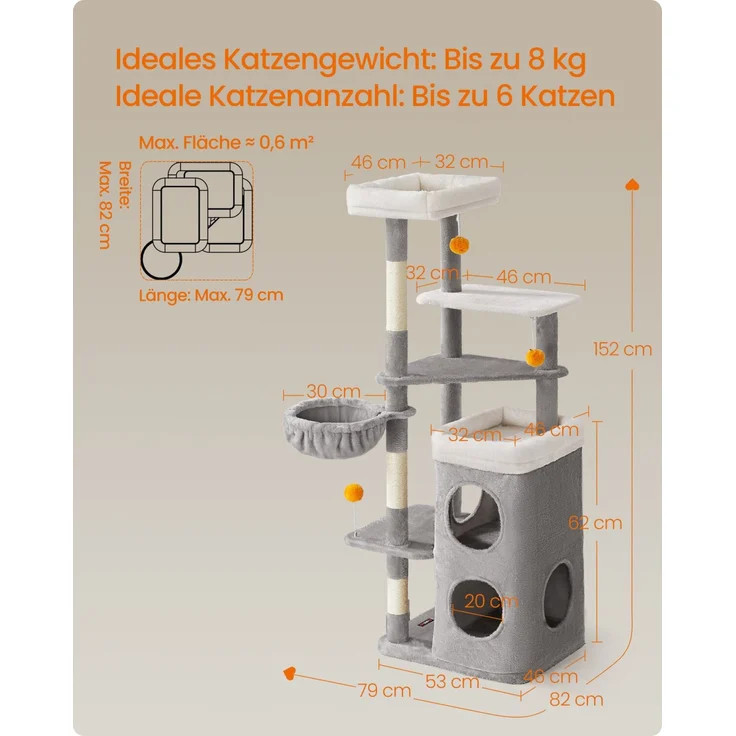 Feandrea Kratzbaum, 152 cm hoch, mehrstöckiger Katzenbaum mit 2 großen Höhlen, 1 Liegemulde, 3 Kratzstämmen, 3 Plattformen, Katzenkratzbaum, Taubengrau – Bild 5