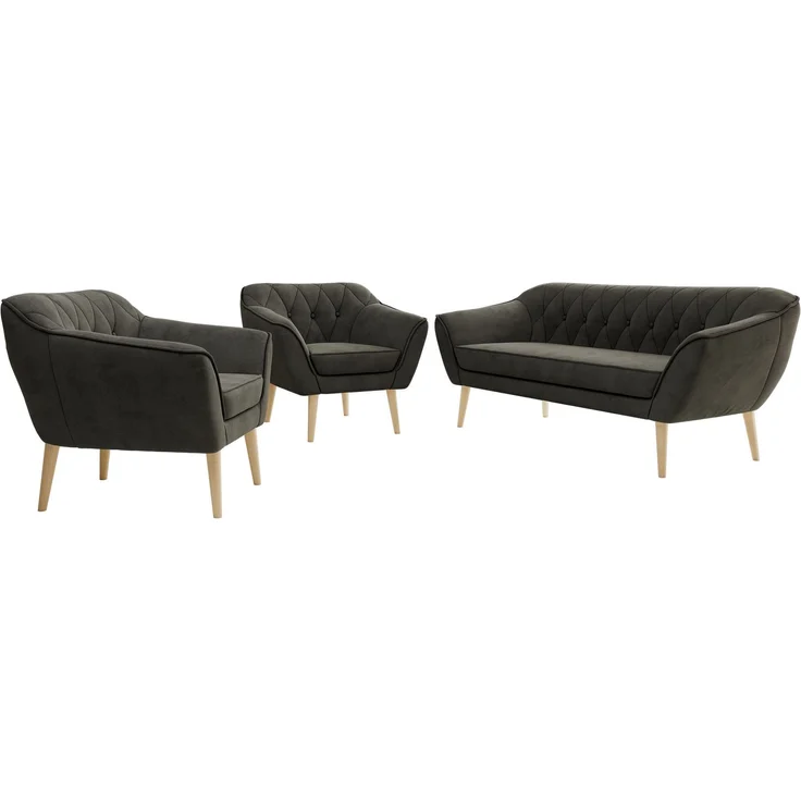 Wohnzimmerset PIRS 1-1-3, Skandinavisches 3-Sitzer Sofa mit Sesseln, Sofa mit Wellenfederung, Buche Füße, Skandinavisches Möbelset - Dunkelgrau Velvet – Bild 6